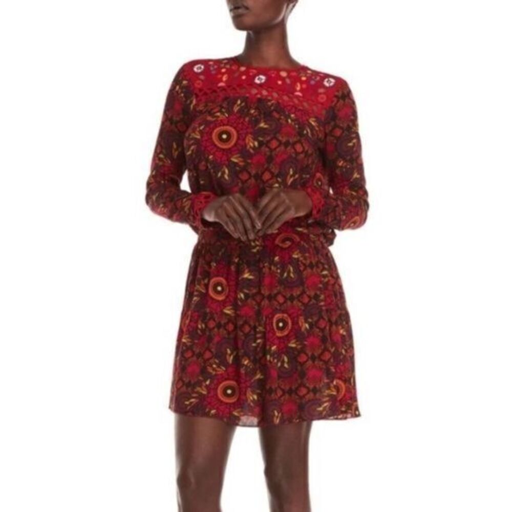 DESIGUAL NWT Red Rosi Printed Long Sleeve Dress US 6/ SMALL